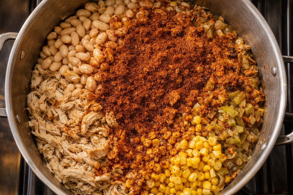 Add Chicken, Chiles, Beans, and Spices