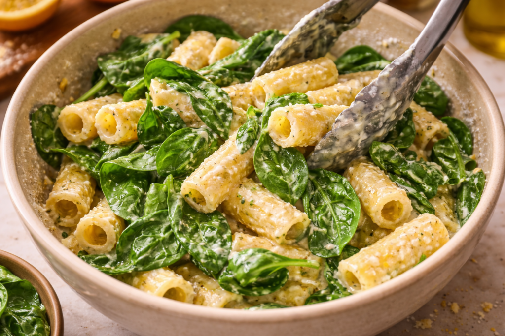 Combine Pasta, Spinach & Sauce