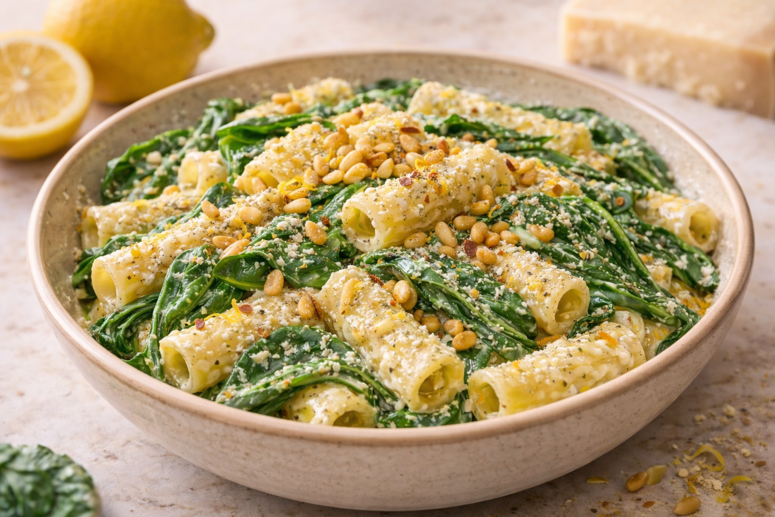 Lemon Ricotta Pasta with Spinach and Toasted Pine Nuts