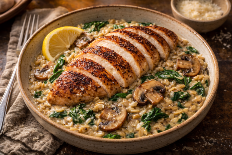 Spinach Mushroom Orzo with Chicken